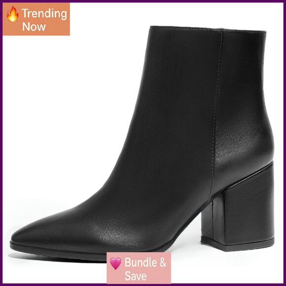 Pointed Toe Ankle Boots with Chunky Heel Side Zipper Office Wedding